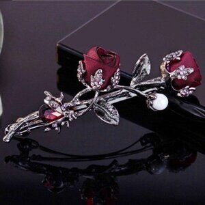 Deep Red Petite Silk Roses Hair Barrette - Hair Clip with Pearl & Garnet Crystal